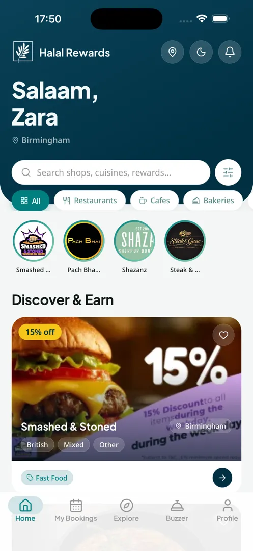 The Halal Rewards customer app home screen showing loyalty cards and nearby offers