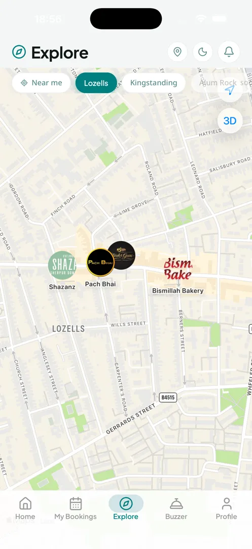 The Halal Rewards customer app explore screen showing nearby businesses on a map